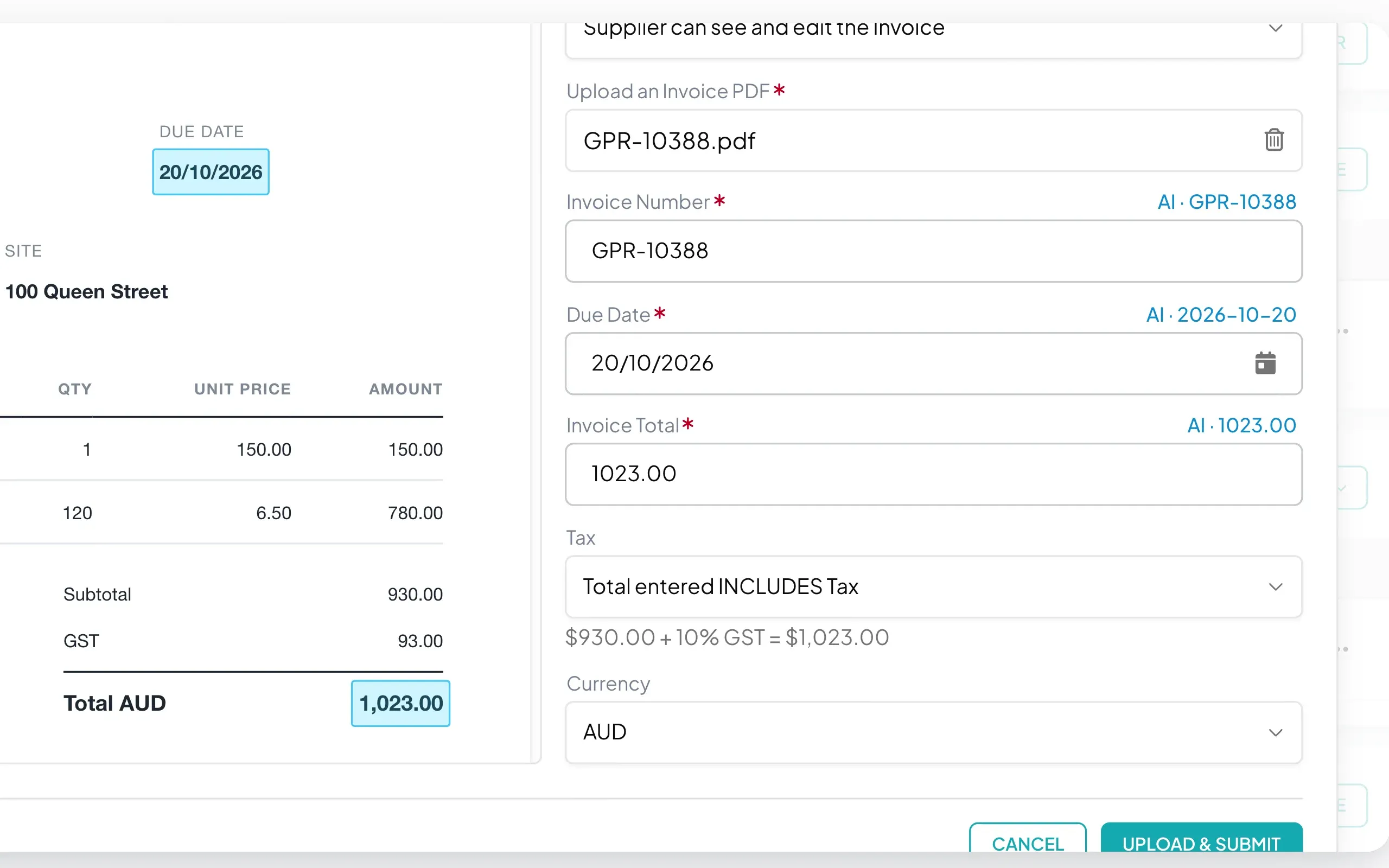 A subbie's bill beside the upload form, with the invoice number, due date and total filled in by Eaco AI