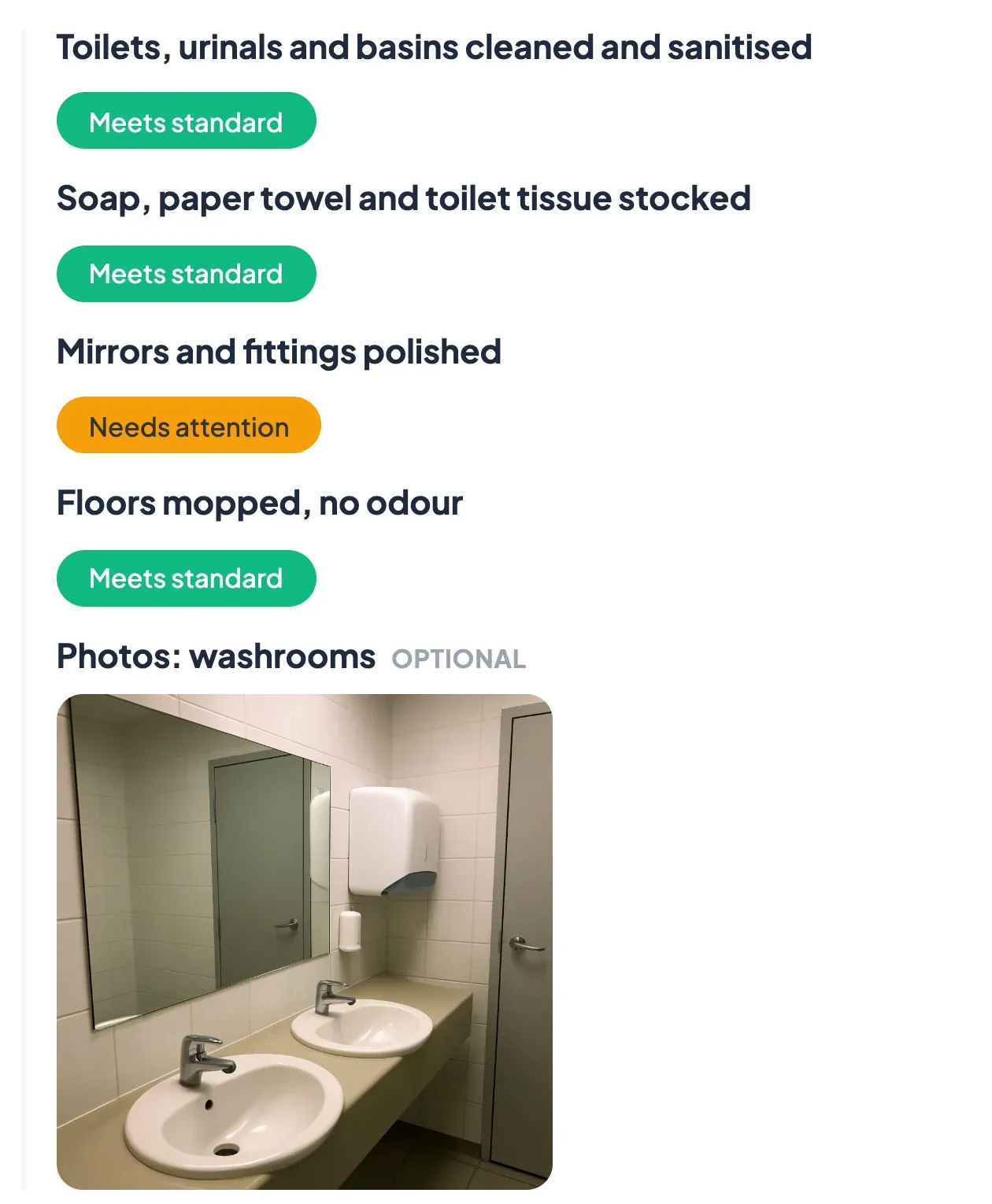 A washroom section of a cleaning audit form, each item marked against the standard