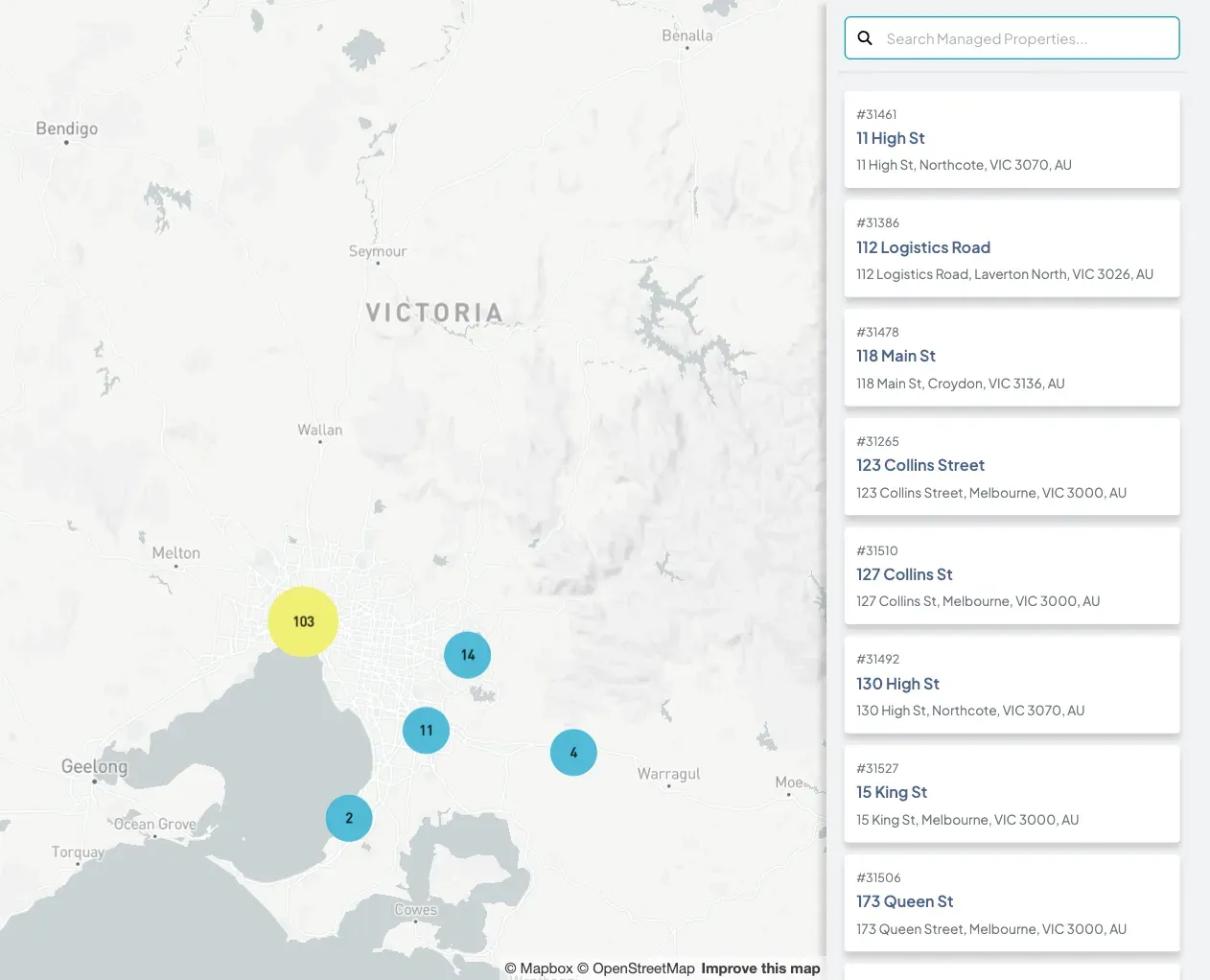 A map of Melbourne with clusters of managed properties, beside a searchable list of the properties and their addresses.