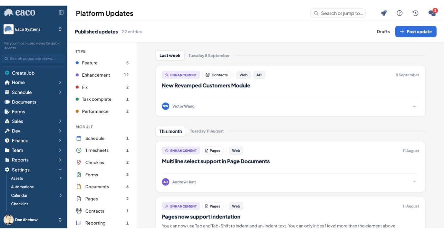 The Eaco Platform Updates feed showing 22 published updates grouped by type and module