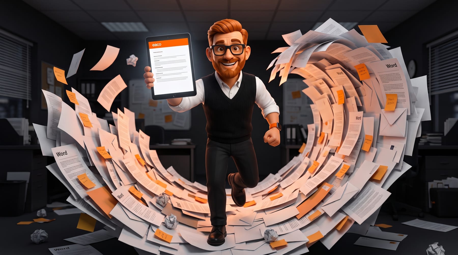 Oscar Ops bursting through a wave of messy paperwork holding a tablet with a clean Eaco Documents page