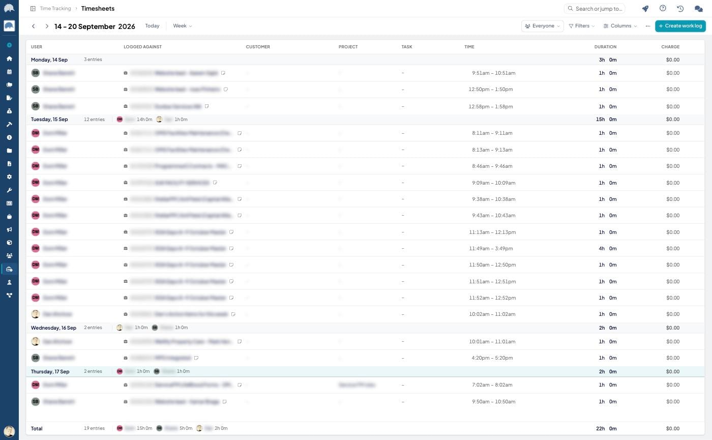 The rebuilt Eaco Timesheets screen showing a week of work logs as one continuous sheet