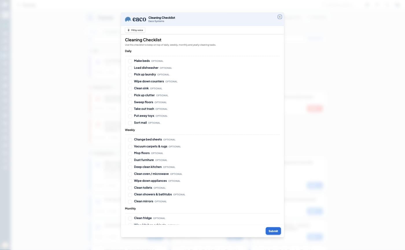 Build with Eaco AI on the Create Form screen, with the microphone for voice input